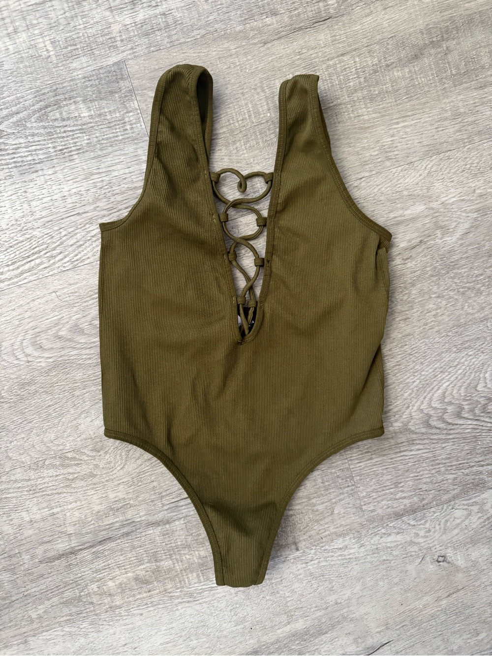 Olive Green Ribbed Lace-Up Bodysuit